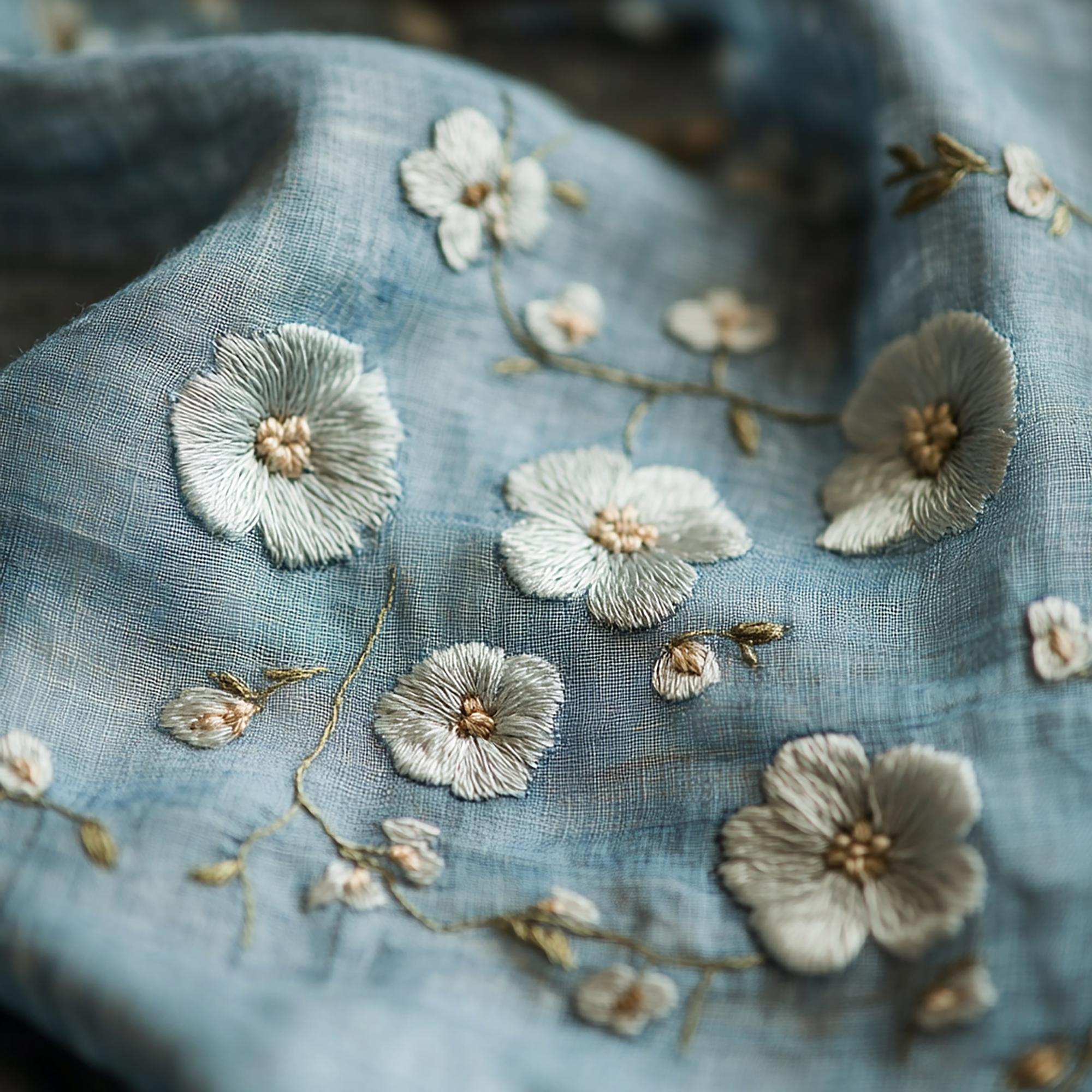 embroidered floral sampler on cream linen