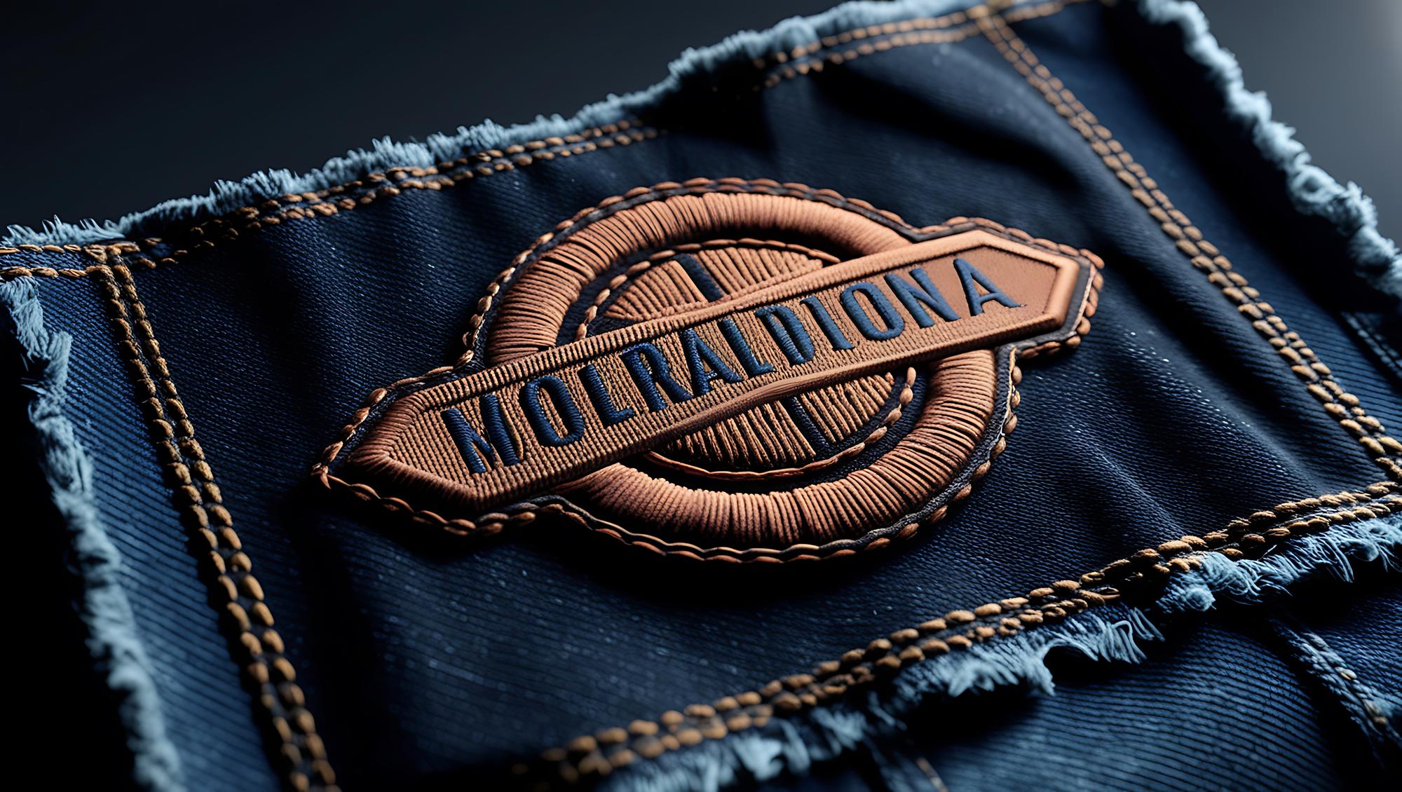small embroidered brand patch on denim