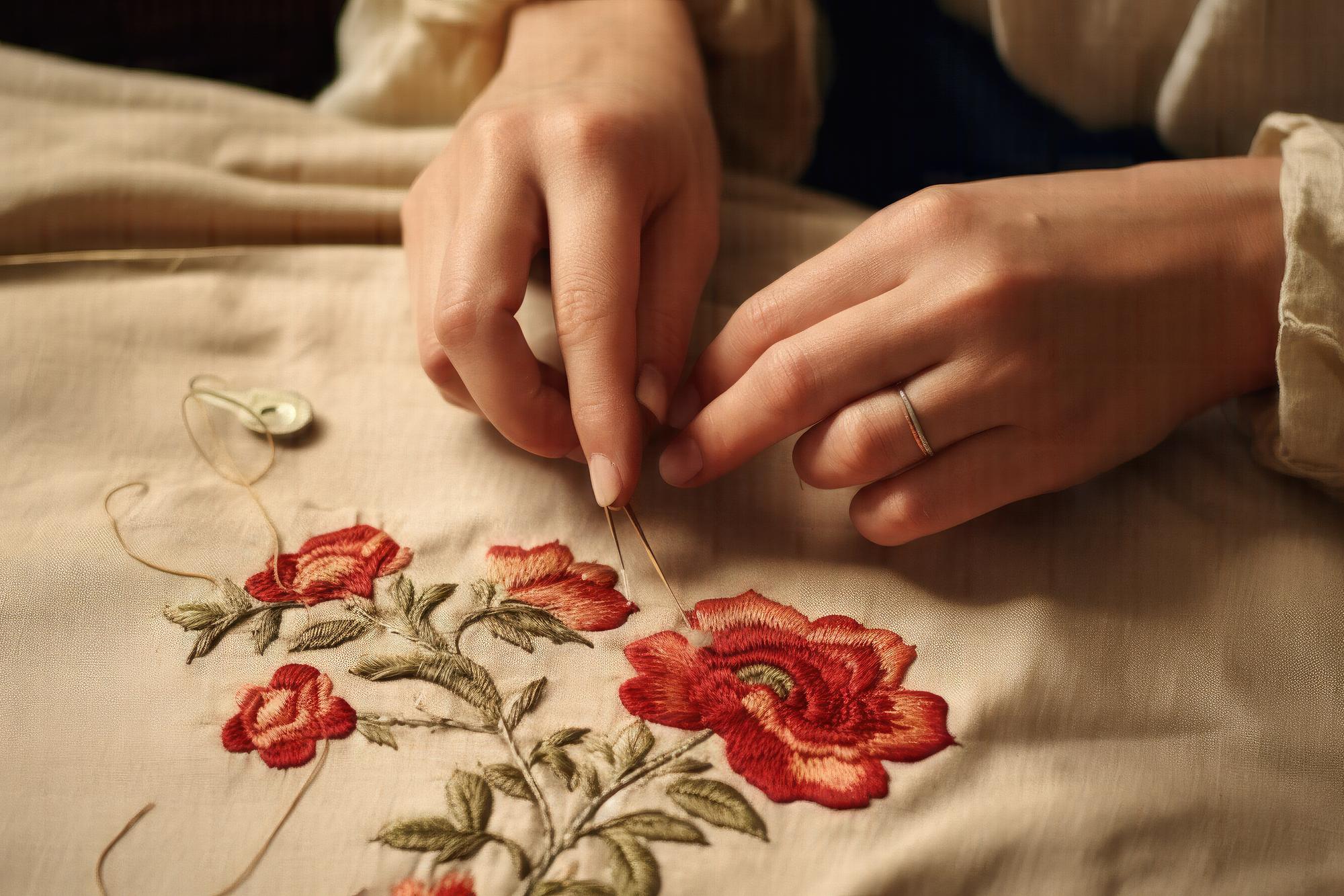 close-up of hands embroidering floral pattern on linen